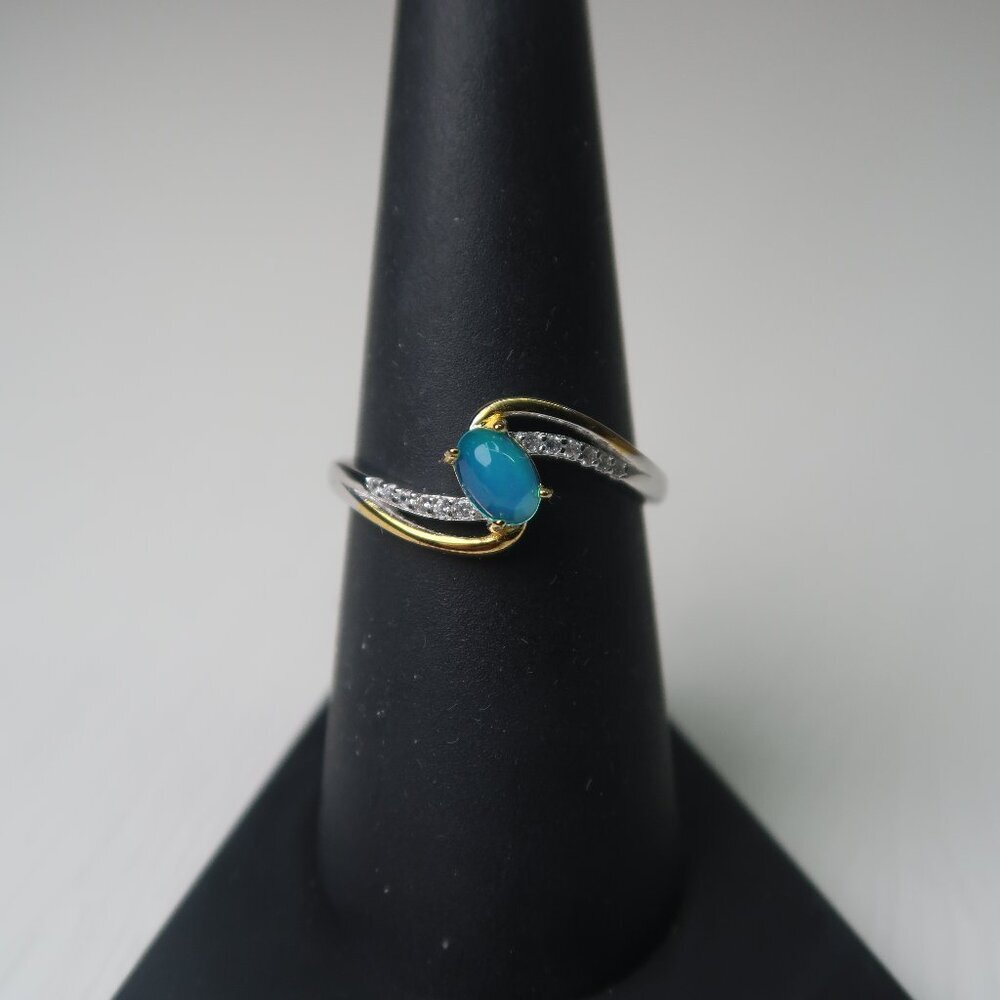 Blue Green Opal Ring in Sterling Silver & Gold Setting
